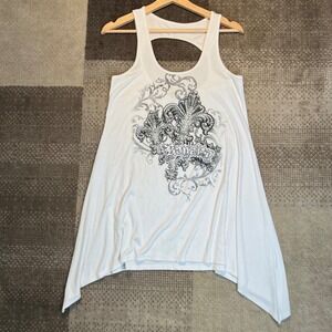 Y2K S-Twelve White Fleur De Lis Rhinestone Tank Top Sharkbite Hem Cutout Back L